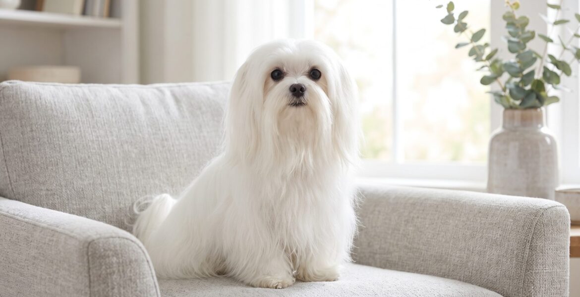 Uzun beyaz tüylü yetişkin maltese terrier