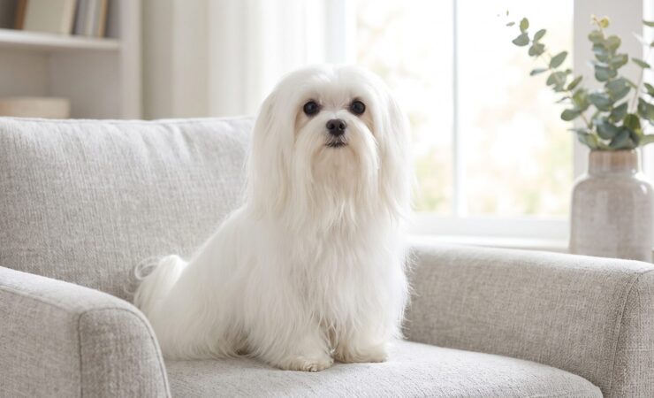 Uzun beyaz tüylü yetişkin maltese terrier