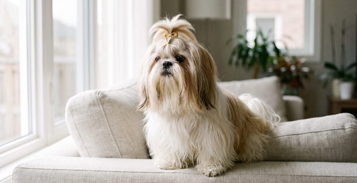 Uzun ipeksi tüylü shih tzu köpek portresi