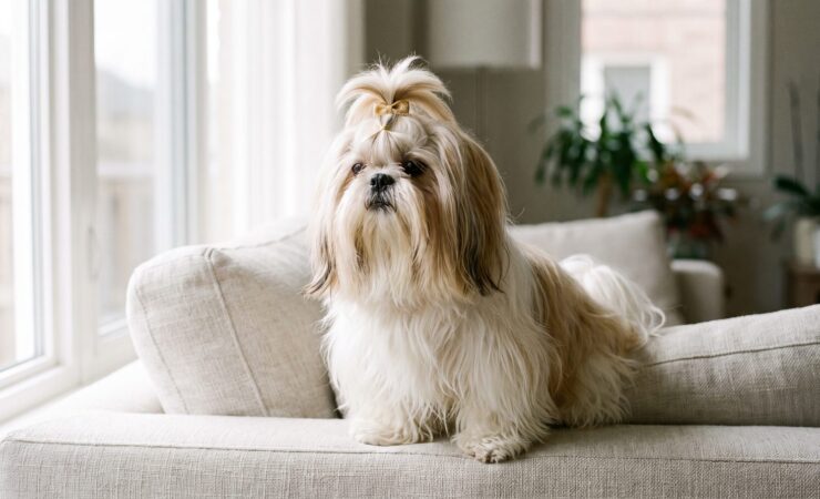 Uzun ipeksi tüylü shih tzu köpek portresi