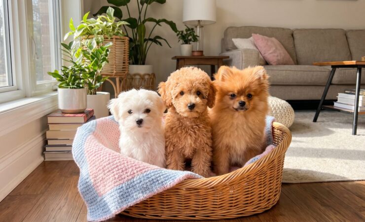 Sepet içinde maltese, toy poodle ve pomeranian yavru köpekler