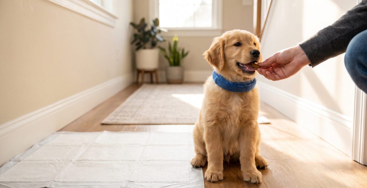 Çiş pedi yanında ödül alan yavru köpek, tuvalet eğitimi