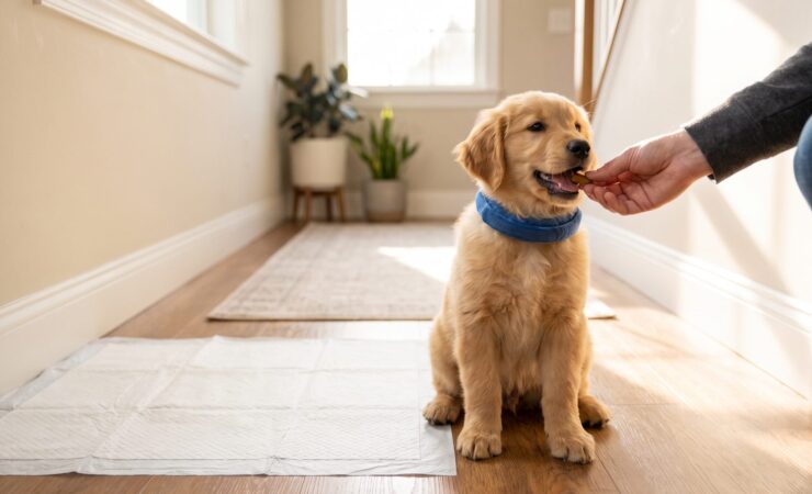 Çiş pedi yanında ödül alan yavru köpek, tuvalet eğitimi